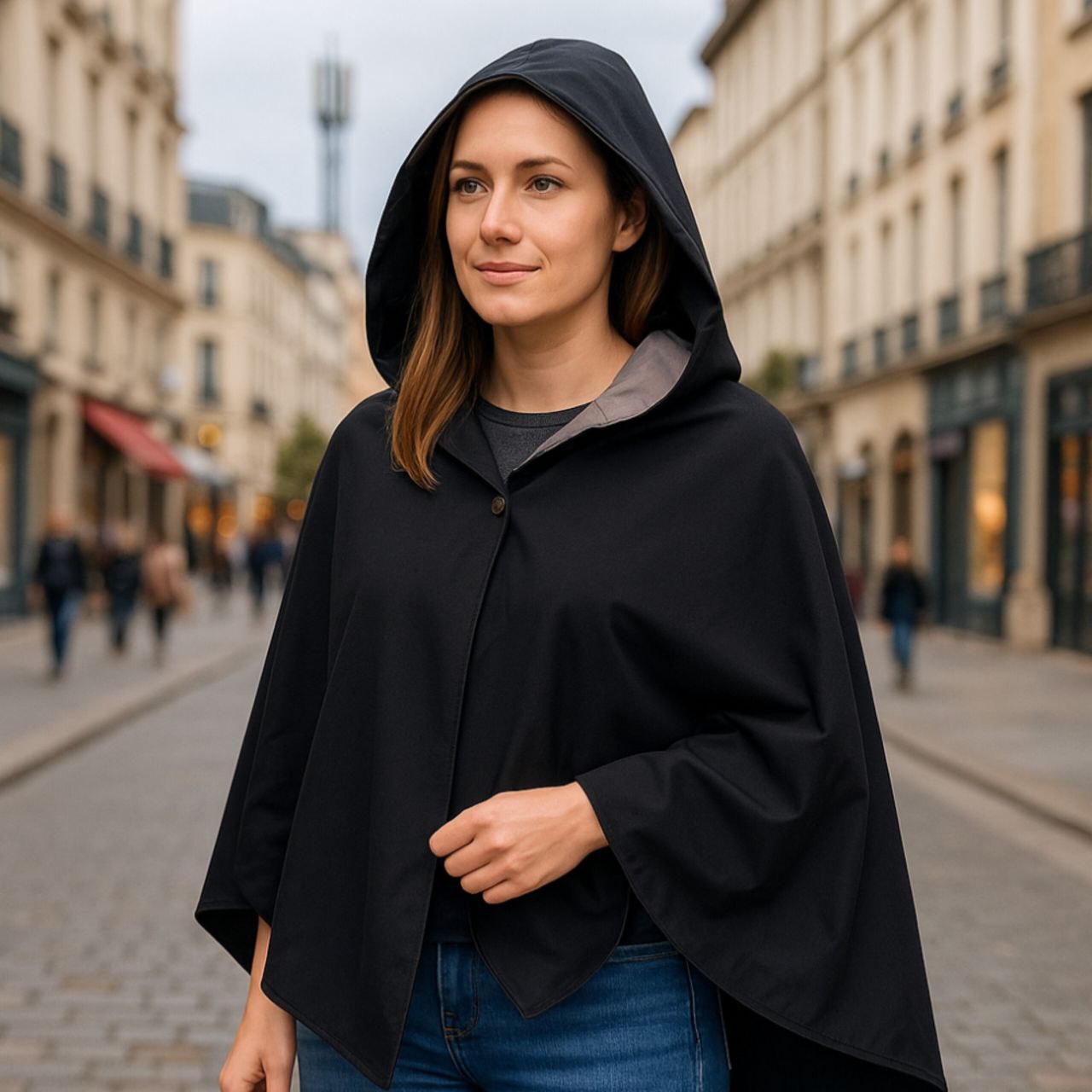 Poncho anti-ondes Ondalterra -taille unique- noir - Fibre d’argent et coton - Capuche amovible