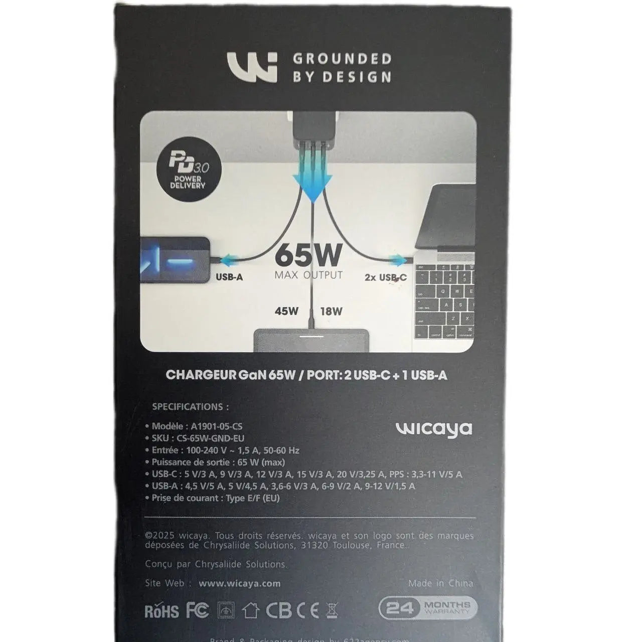 Chargeur WICAYA 65W avec mise à la Terre intégrée USB et USB-C