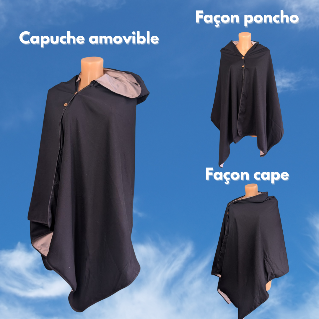 Poncho anti-ondes Ondalterra -taille unique- noir - Fibre d’argent et coton - Capuche amovible