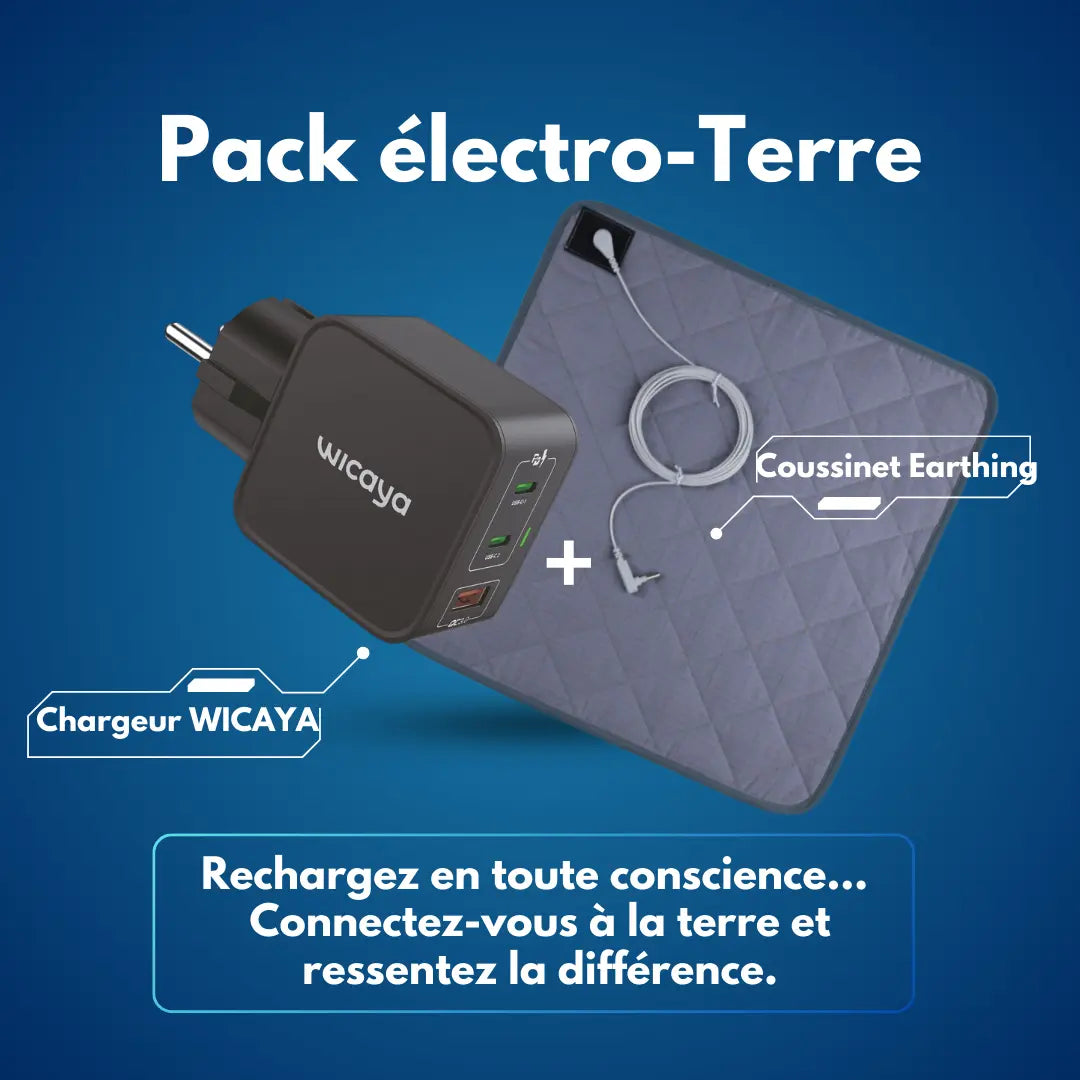 Pack WICAYA : Chargeur connecté à la Terre + Coussinet carré de mise à la Terre anti-ondes.fr