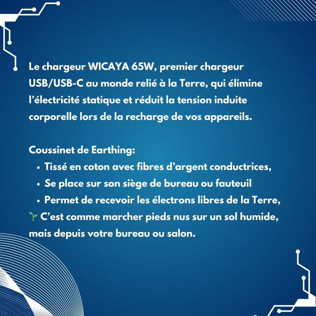 Pack WICAYA : Chargeur connecté à la Terre + Coussinet carré de mise à la Terre anti-ondes.fr