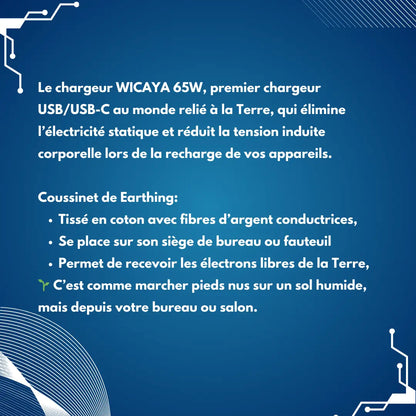 Pack WICAYA : Chargeur connecté à la Terre + Coussinet carré de mise à la Terre anti-ondes.fr