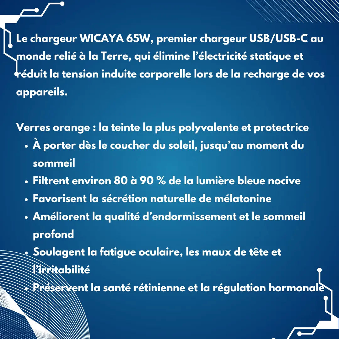 Pack Wicaya – Chargeur terre + Lunettes anti-lumière bleue (verre orange) anti-ondes.fr