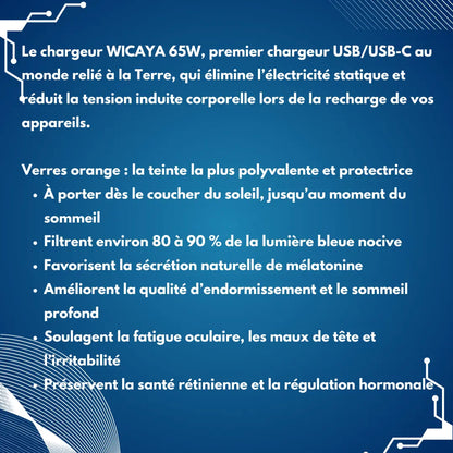 Pack Wicaya – Chargeur terre + Lunettes anti-lumière bleue (verre orange) anti-ondes.fr