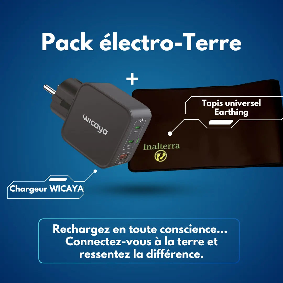 Pack WICAYA : Chargeur connecté à la terre + Tapis universel de mise à la Terre anti-ondes.fr