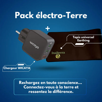 Pack WICAYA : Chargeur connecté à la terre + Tapis universel de mise à la Terre anti-ondes.fr