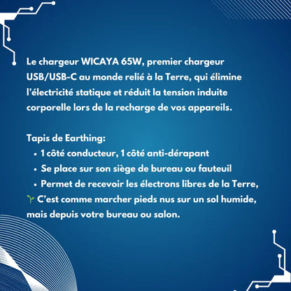 Pack WICAYA : Chargeur connecté à la terre + Tapis universel de mise à la Terre anti-ondes.fr