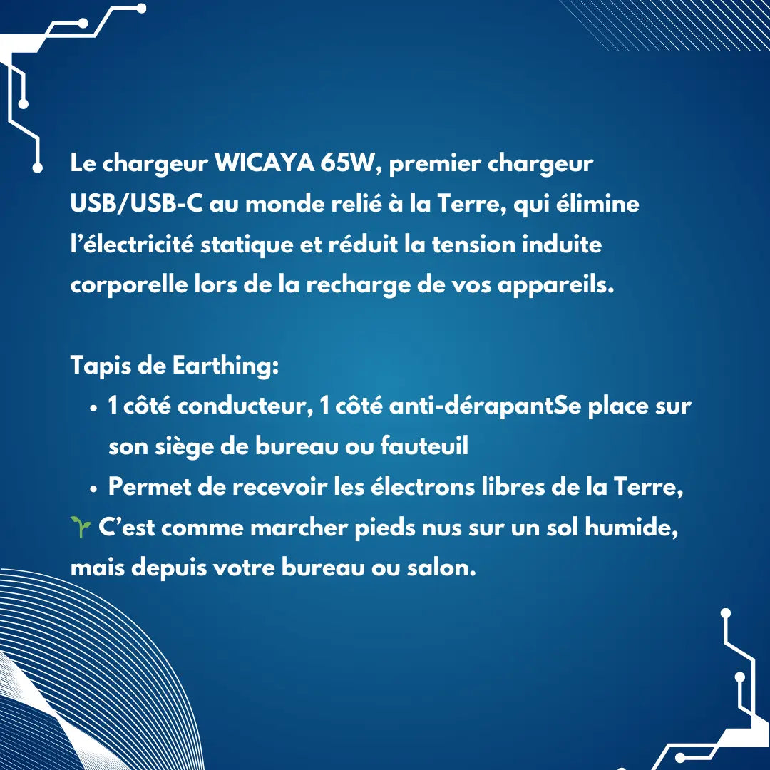 Pack Wicaya – Chargeur connecté à la terre + Tapis de souris de mise à la terre anti-ondes.fr