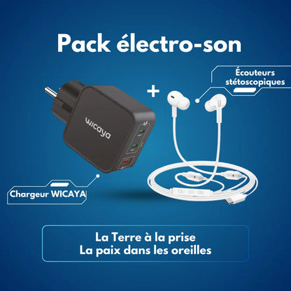 Pack WICAYA: Chargeur connecté à la terre + écouteurs stétoscopiques anti-ondes anti-ondes.fr