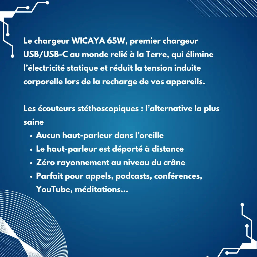 Pack WICAYA: Chargeur connecté à la terre + écouteurs stétoscopiques anti-ondes anti-ondes.fr