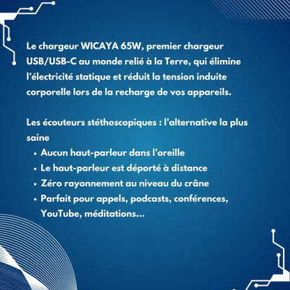 Pack WICAYA: Chargeur connecté à la terre + écouteurs stétoscopiques anti-ondes anti-ondes.fr