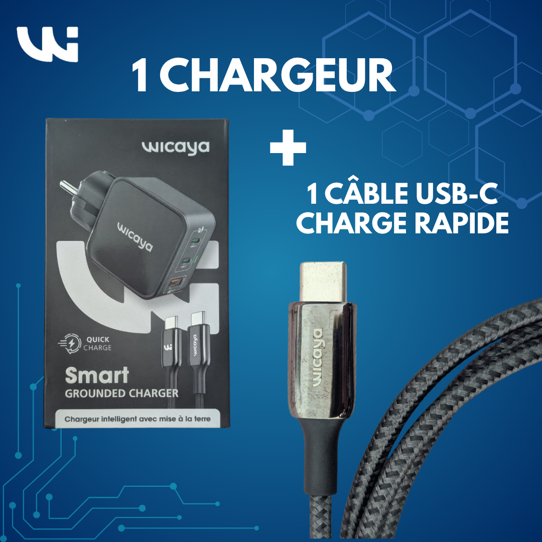 Chargeur WICAYA 65W avec mise à la Terre intégrée USB et USB-C
