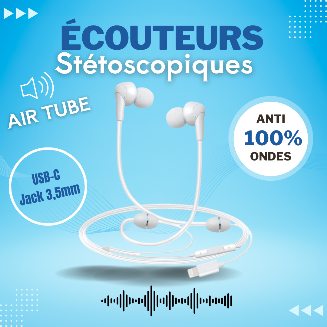 Écouteurs stéthoscopiques Air Communication – iPhone / Type-C / Jack, réduction ondes & confort audio