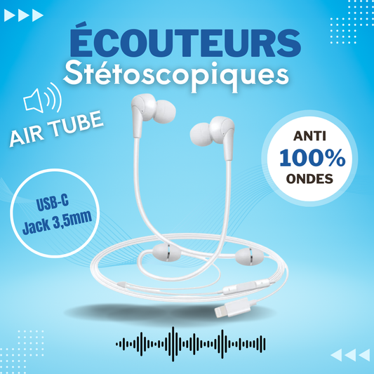Écouteurs stéthoscopiques Air Communication – iPhone / Type-C / Jack, réduction ondes & confort audio