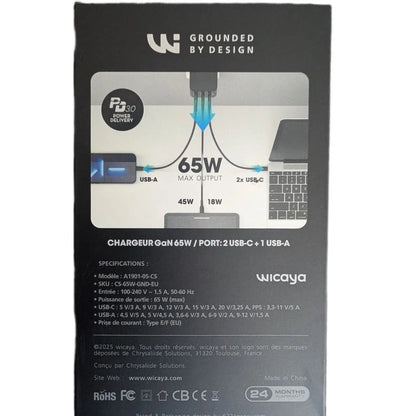 Chargeur WICAYA 65W avec mise à la Terre intégrée USB et USB-C