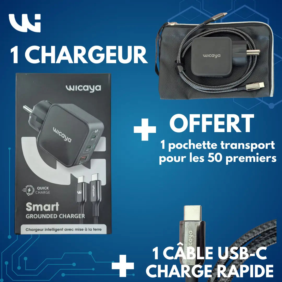 Chargeur WICAYA 65W avec mise à la Terre intégrée USB et USB-C anti-ondes.fr