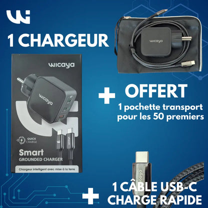Chargeur WICAYA 65W avec mise à la Terre intégrée USB et USB-C anti-ondes.fr